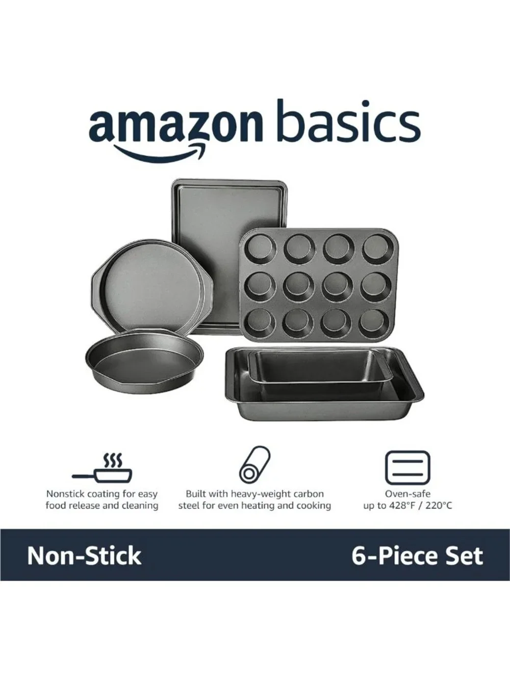 6-Piece Nonstick Bakeware Set - Cake, Muffin, Cookie & Loaf Pans, Oven Safe